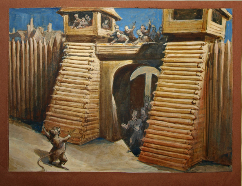 paesaggio urbano con figure e animali