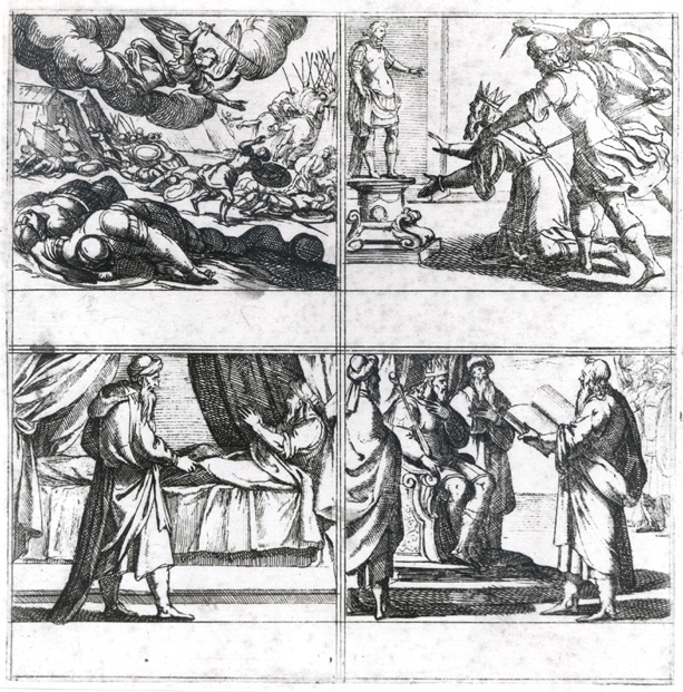 angelo sterminatore /sennacherib ucciso dai figli mentre prega nel tempio/ morte di David/ Isaia annunzia al re ezechia la prossima morte